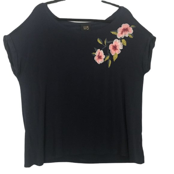 W5 Tops - W5 Women's Navy Blue Cap Sleeve Floral Shirt XL